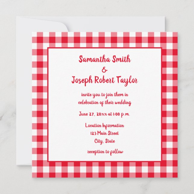 Convites Casamento Xadrez Gingham Vermelho e Branco (Frente)