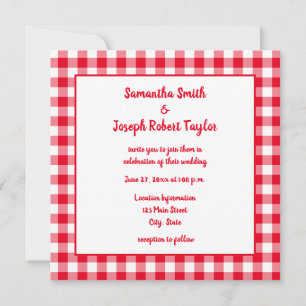 Convites Casamento Xadrez Gingham Vermelho e Branco
