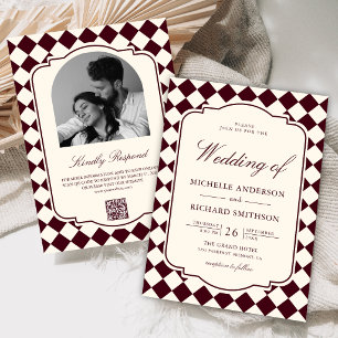 Convites Casamento Xadrez Marfim Antigo Estilo Burgundy