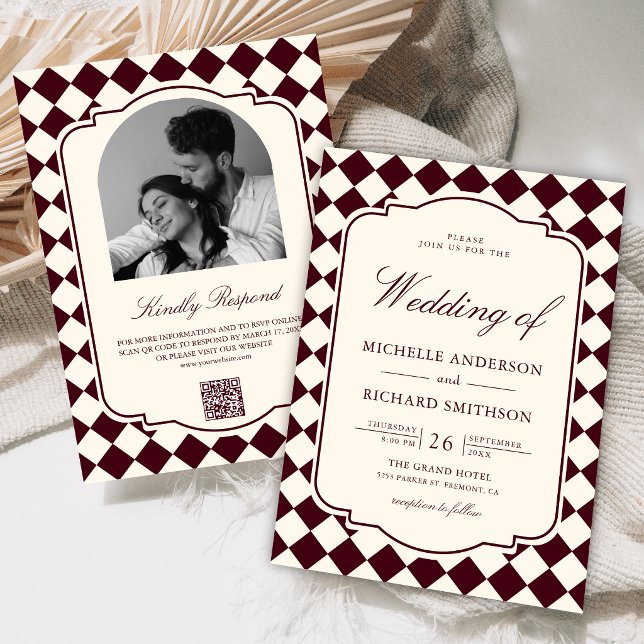 Convites Casamento Xadrez Marfim Antigo Estilo Burgundy (Criador carregado)