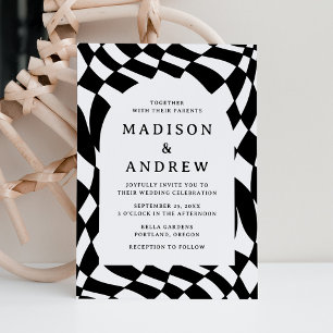 Convites Casamento Xadrez Preto e Branco Retro
