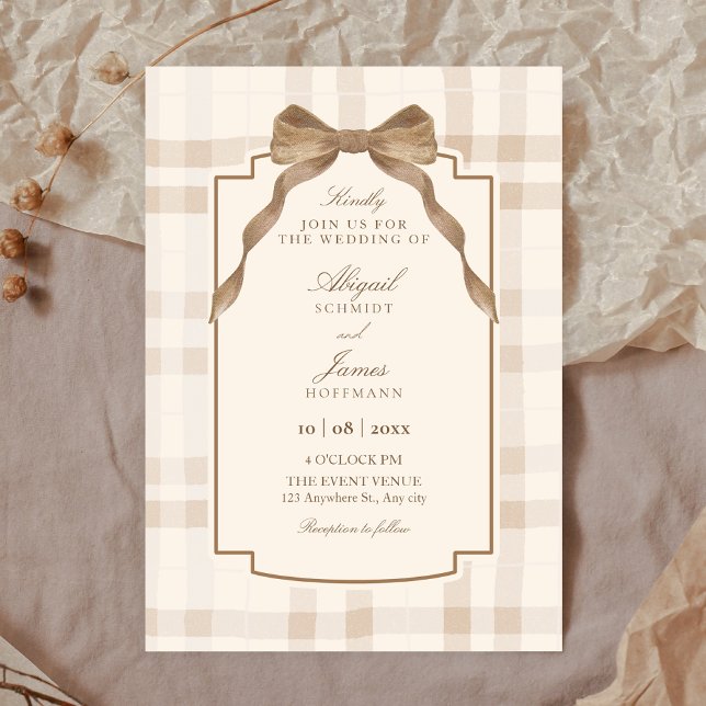 Convites Casamento xadrez tartan de arco marrom bege suave (Criador carregado)