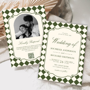 Convites Casamento Xadrez Verde Oliva Marfim Dinheiro Antig