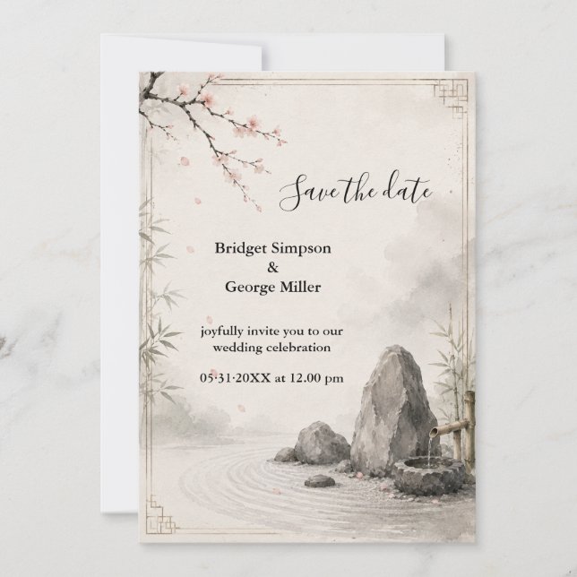 Convites Casamento Zen Sakura Harmonia Botânica (Frente)