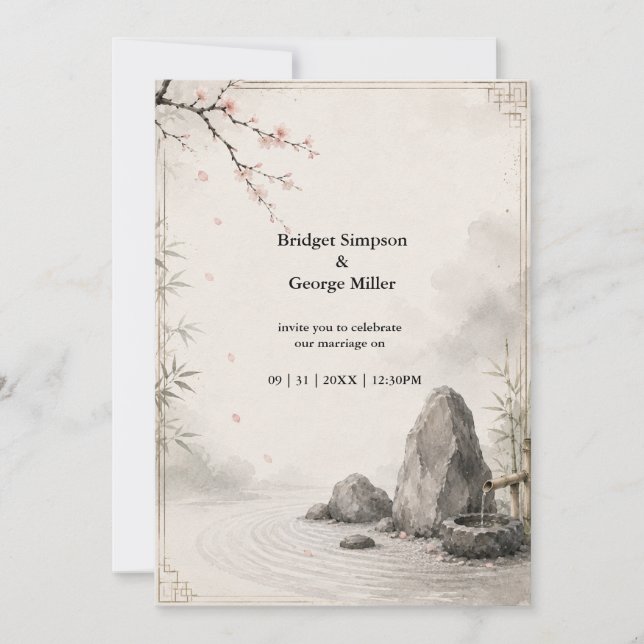 Convites Casamento Zen Sakura Harmonia Botânica (Frente)