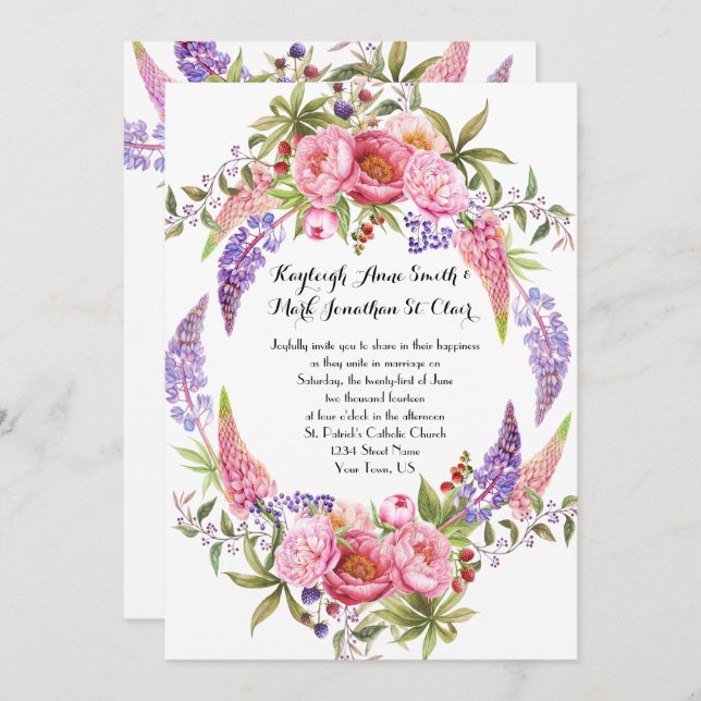 Convites Casamentos de Cores Aquáticas Púrpuras Rosa (Frente/Verso)