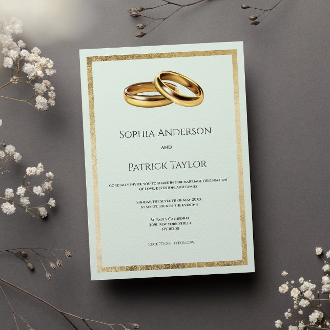 Convites Casamentos de ouro verde pastel simples elegantes (Elegant simple pastel green gold rings Wedding)