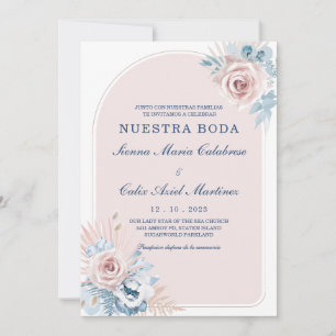Convites Casamentos em azul empoeirado e rosa rubor