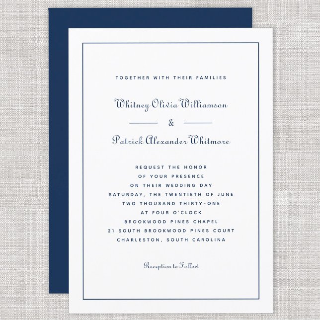 Convites Casamentos Formais Brancos do Marinho Clássico Ele (Elegant Script Classic Navy White Formal Weddings Invitation)