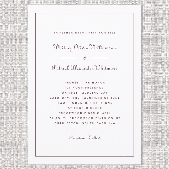 Convites Casamentos Formais Clássicos de Borgonha Clássica  (Elegant Script Classic Burgundy Formal Weddings Invitation)