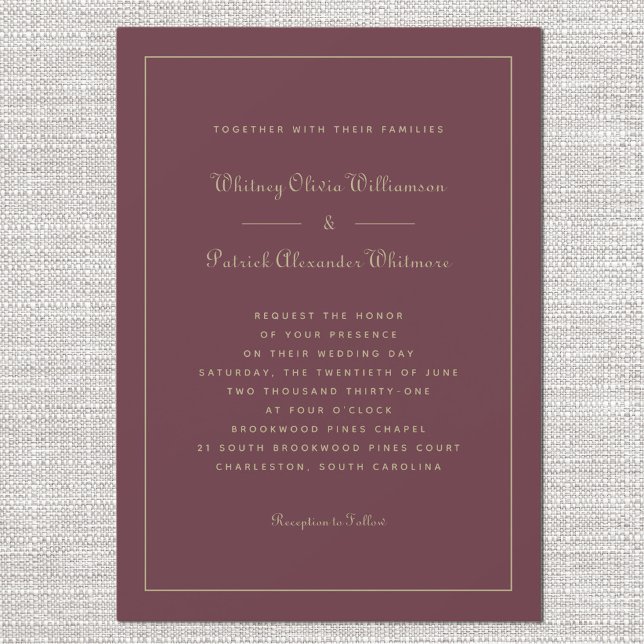 Convites Casamentos Formais de Chic Dourados Burgundy - Scr (Elegant Script Burgundy Gold Chic Formal Weddings Invitation)