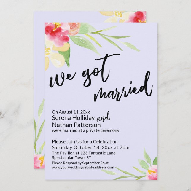 Convites Casamos com Flores de Aquarela na Lavanda (Frente/Verso)