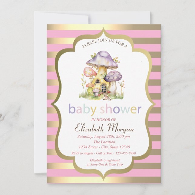 Convites Casas de Cogumelo Faixa Dourada Baby Shower  (Frente)