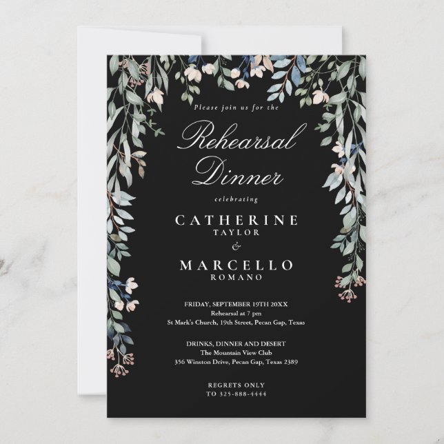 Convites Cascata Floral Preto e Branco Jantar de Ensaios (Frente)