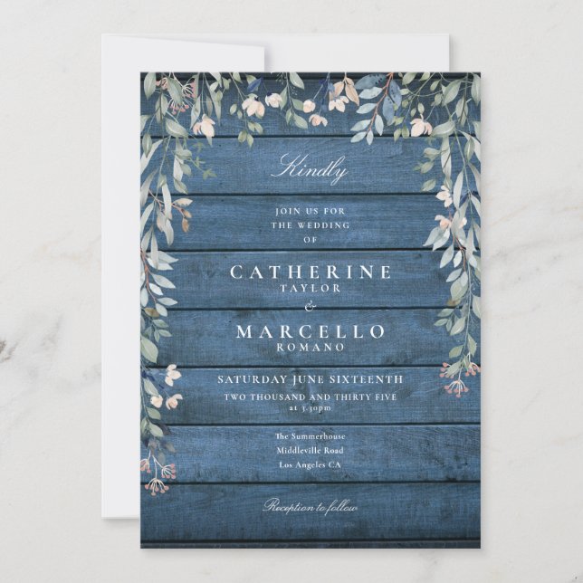 Convites Cascata Floral Rustic Blue Wood Casamento (Frente)