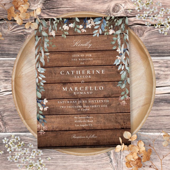 Convites Cascata Floral Verdejante de Madeira Rústica para  (Greenery Floral Cascade Rustic Wood Wedding Invitation)