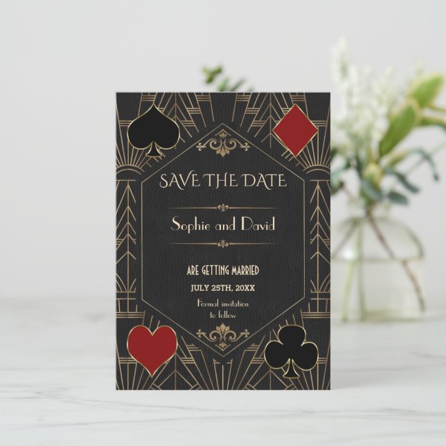 Convites Casino Gold Black Gatsby Wedding Save The Date (Em pé/Frente)