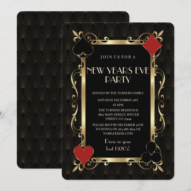 Convites Casino Night Gold Art Deco New Years Eve Party (Frente/Verso)