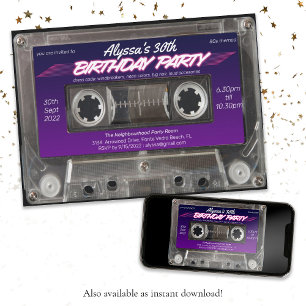 Convites Cassete Mixtape Retro 80s Neon Purple Party