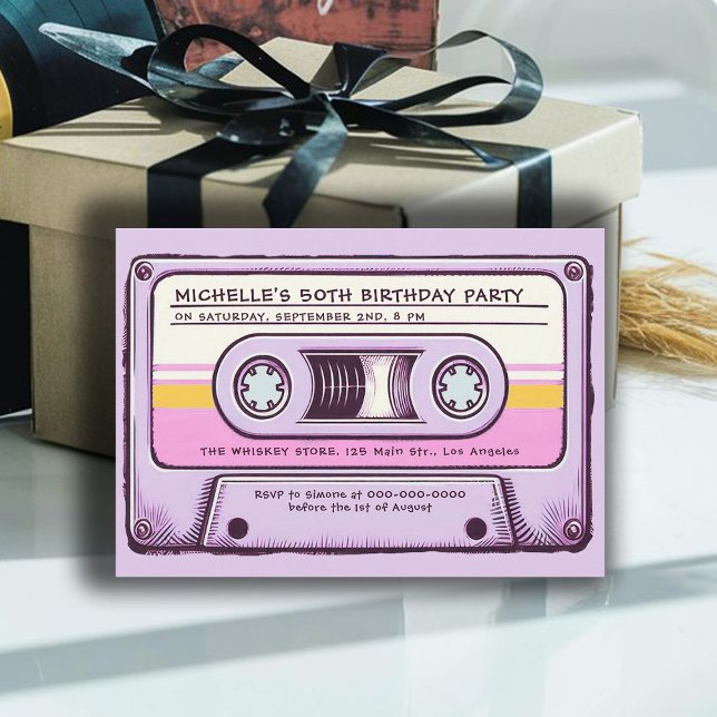 Convites Cassete Mixtape Retro Music 80s 50th Birthday (cassette mixtape 80s nostalgia 50th birthday party women vintage retro 70s 60s fun music purple chic)