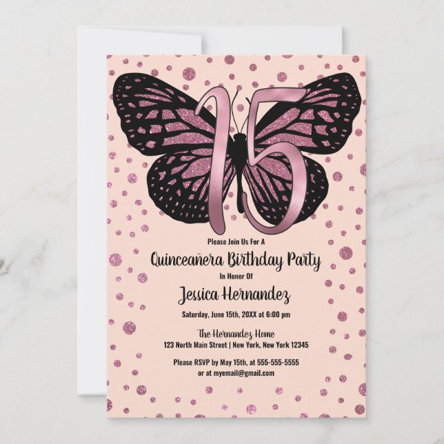 Convites Cassis Pink Butterfly Glitter Confetti Quinceañera (Frente)