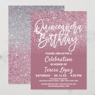 Convites Cassis Prata Rosa Faux Glitter Ombre Quinceañera