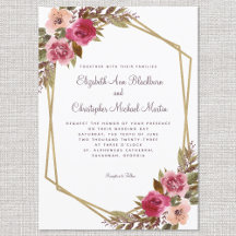 Cassis Roxo Casamento Moldura Dourada Aquarela Flo