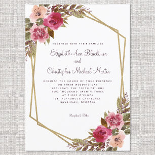 Convites Cassis Roxo Casamento Moldura Dourada Aquarela Flo