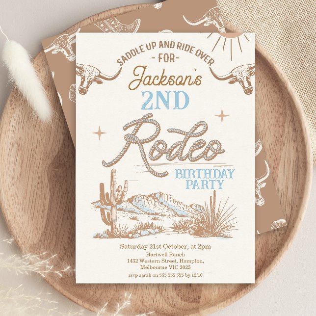 Convites Castanho Azul Qualquer Idade do Rodeio Ocidental A (Boys Rodeo Birthday Invitation, Any Age Western themed, Wild West, Cowboy, Southern Country Rope)