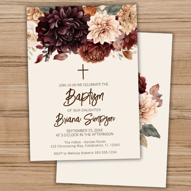 Convites Castanho Beige Ivory Flowers Floral Baptism (Criador carregado)