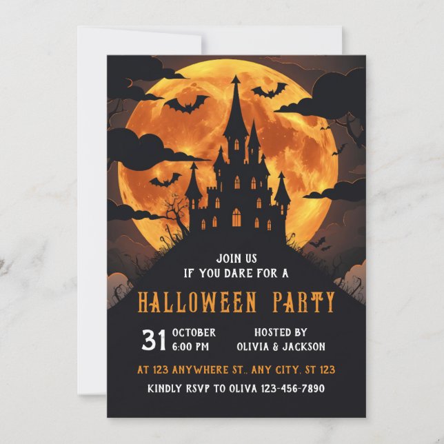 Convites Castelo Com Lua Cheia, Noite, Bat, Halloween (Frente)