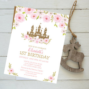 Convites Castelo da Princesa com Purpurina Dourada, Floral 