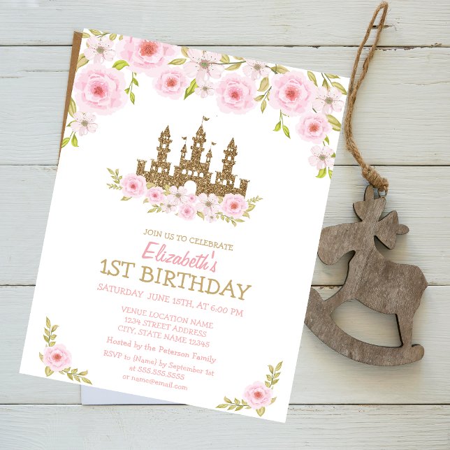Convites Castelo da Princesa com Purpurina Dourada, Floral  (Criador carregado)