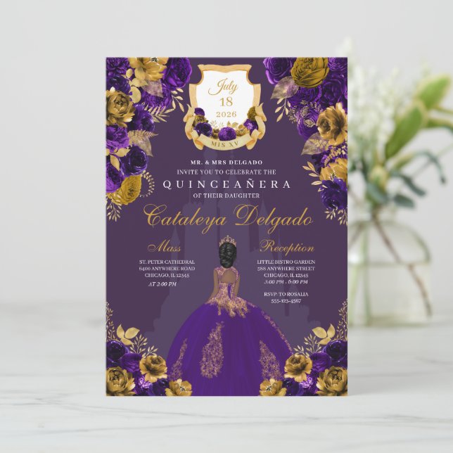 Convites Castelo da Princesa Roxo e Dourada Quinceañera (Em pé/Frente)