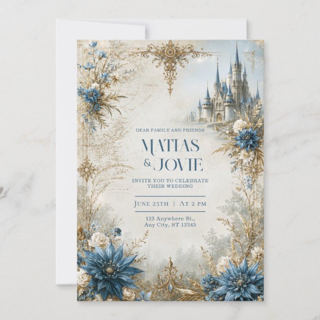 Convites Castelo de Casamento Blue Blossom (Frente)