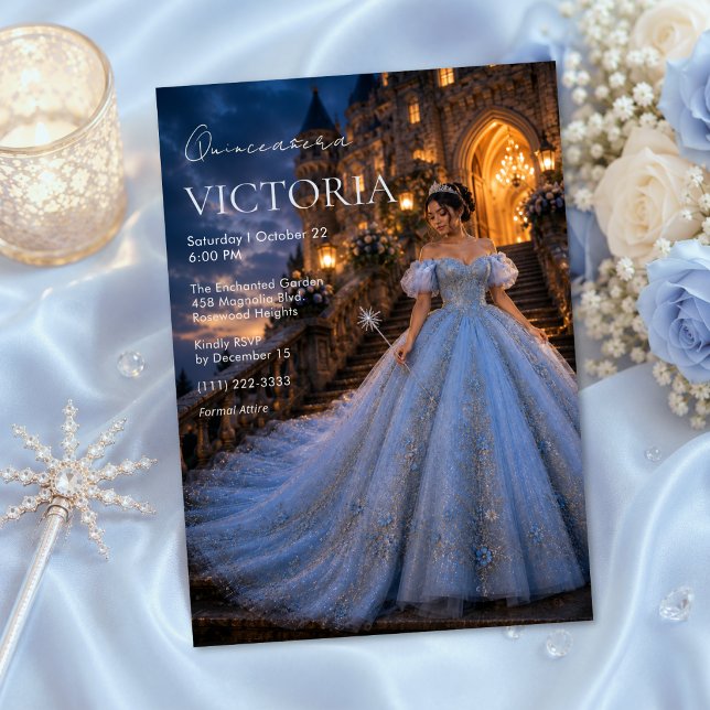 Convites Castelo de Conto de Fadas Azul Quinceañera (Criador carregado)