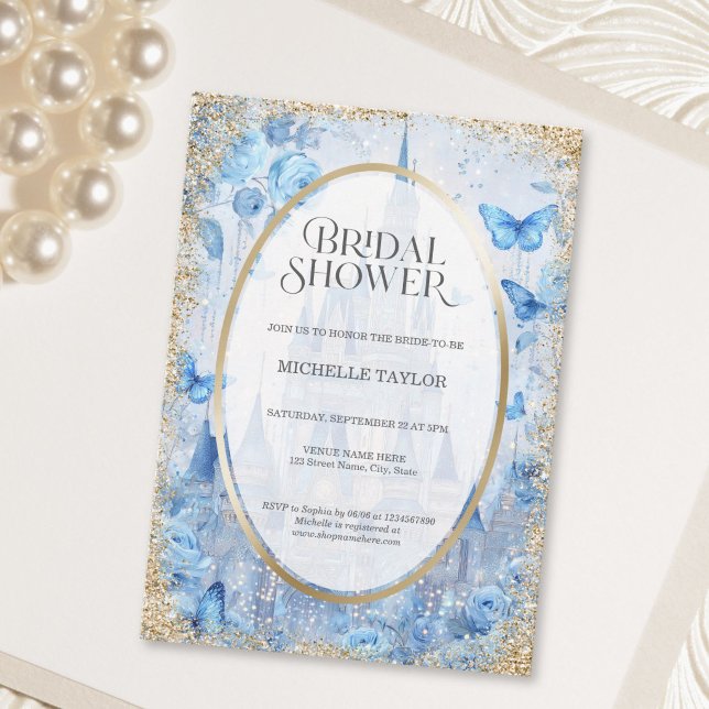 Convites Castelo de Conto de Fadas Floresta Encantada Azul  (Enchanted Forest Fairytale Castle Floral Bridal Invitation)
