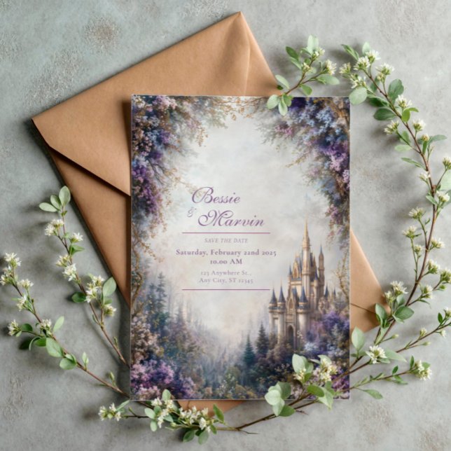 Convites Castelo de Conto de Fadas Roxo Floral Névoa Casame (Criador carregado)