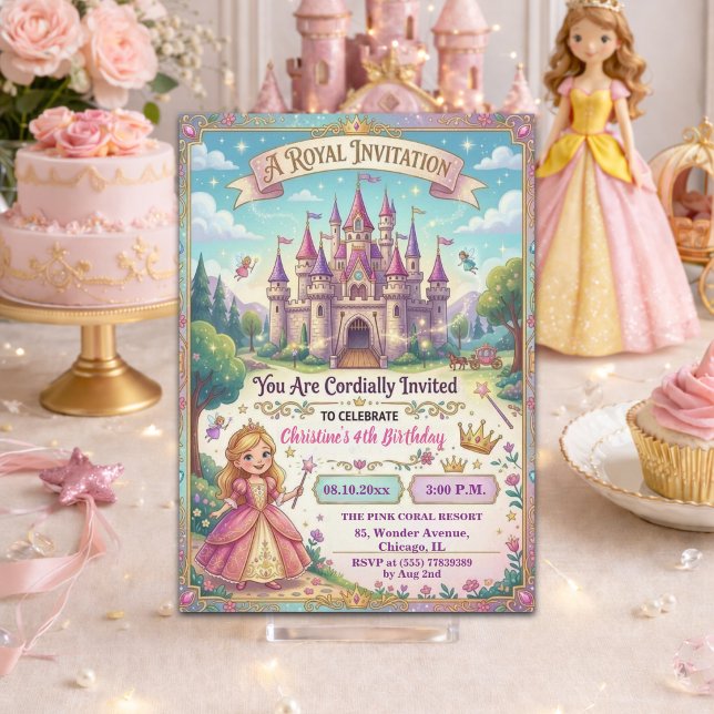 Convites Castelo de Contos de Fadas Princesa 4º Aniversário (Criador carregado)