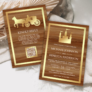Convites Castelo de Fadas Dourado Carruagem Código QR Casam