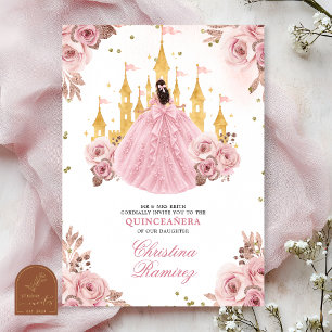 Convites Castelo de Fadas Princesa Dourado Rosa Quinceanera