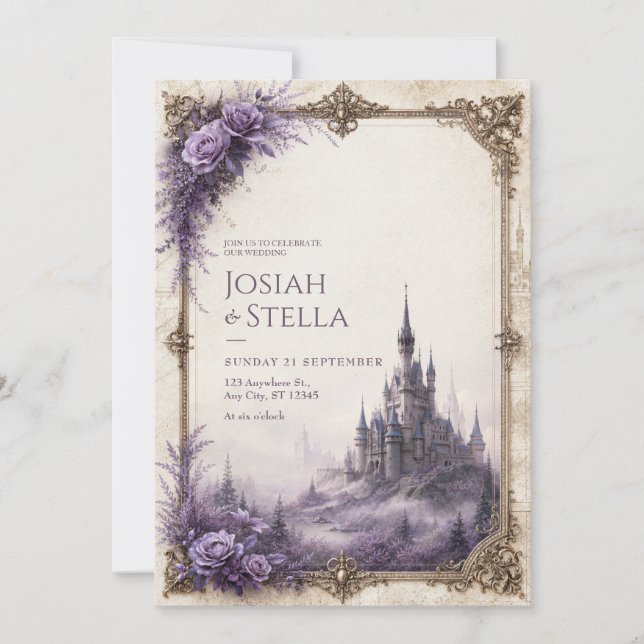 Convites Castelo de Noiva com Névoa e Rosa Lavanda (Frente)