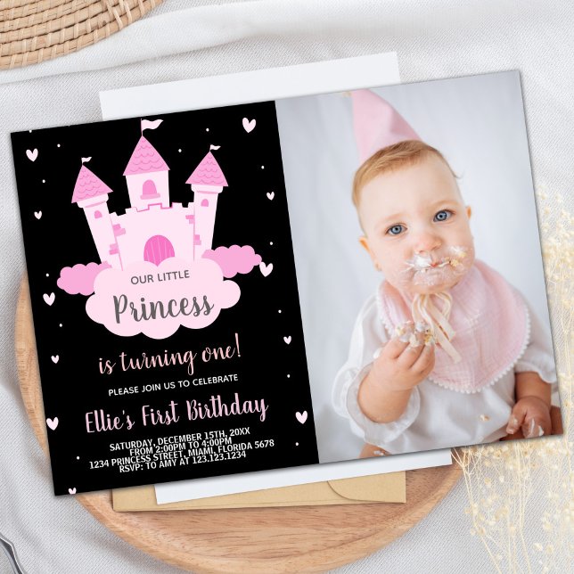 Convites Castelo de Pink Fotográfico sob a Princesa Nuvem A (Photo Pink Castle under Cloud Princess Birthday Invitation)