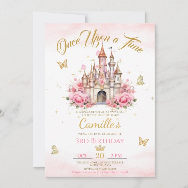 Convites castelo de princesa do Era Uma Vez aniversário  (Frente)