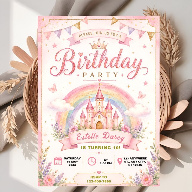 Convites Castelo de Princesa Mágico Aniversário Arco-íris (Criador carregado)