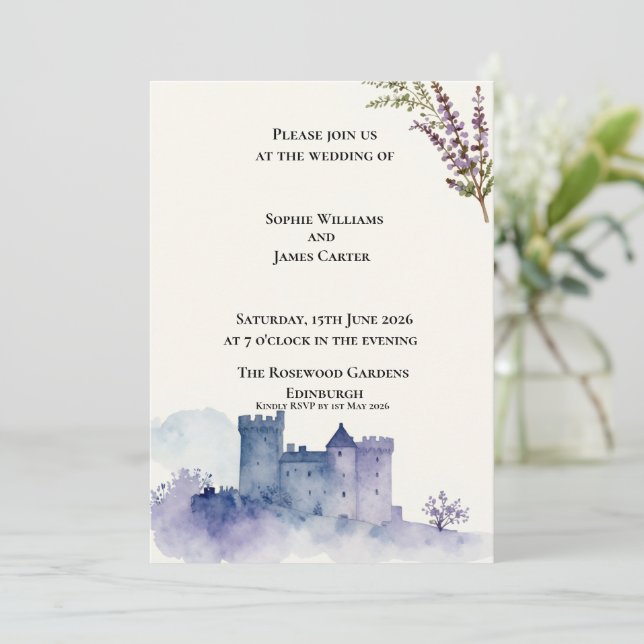 Convites Castelo Escocês Lavanda Aquarela Casamento (Em pé/Frente)