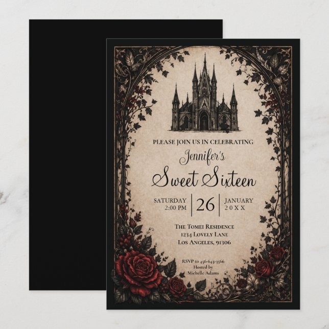 Convites Castelo Floral Gótico Sweet 16 (Frente/Verso)