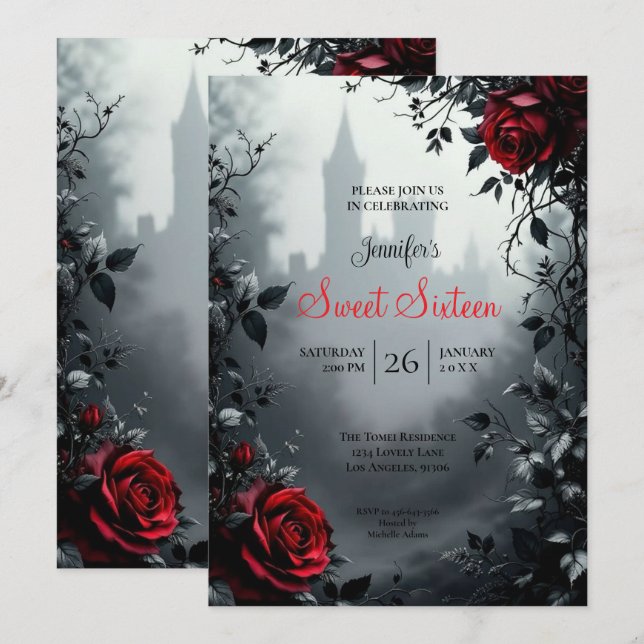 Convites Castelo Floral Gótico Sweet 16 (Frente/Verso)