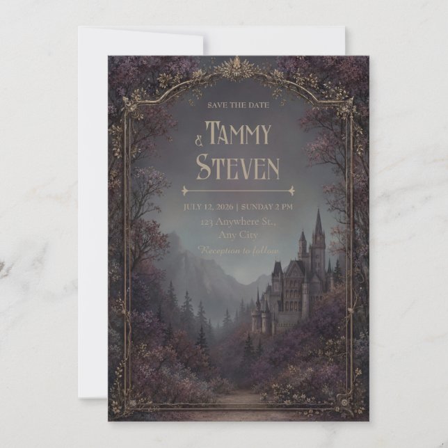 Convites Castelo Gótico Floresta Malva Borda Dourada Casame (Frente)