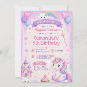 Convites Castelo Mágico de Aniversário de Unicórnio Fofo